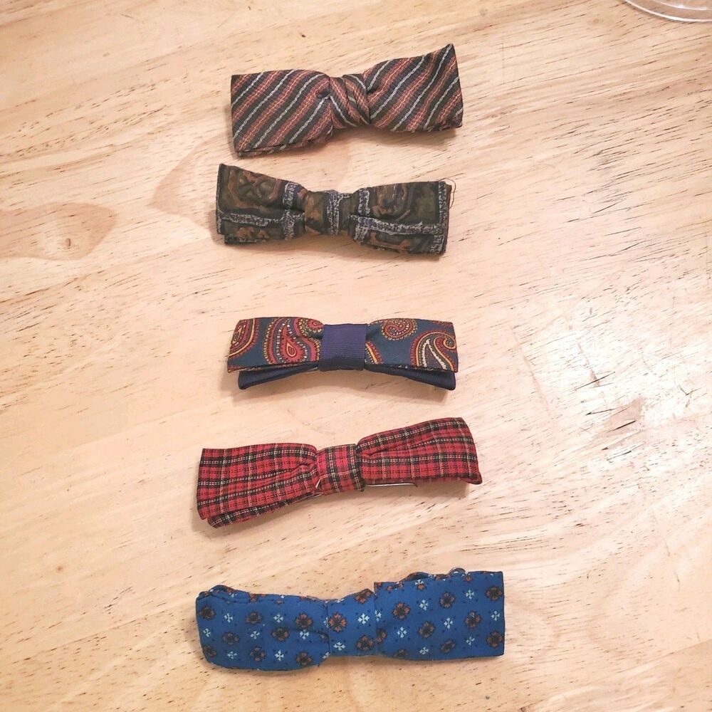 Lot of 5 Vintage Clip On Bow Ties Paisley Plaid Geometric Retro Mens Mixed